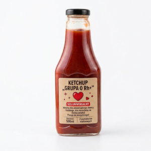 Szklana butelka z ciemnoczerwonym ketchupem na jasnym tle. Na etykiecie znajduje się rysunek czerwonego serca oraz napis: „KETCHUP „GRUPA O Rh+””, poniżej w ramce „SOS UNIWERSALNY” oraz tekst: „Idealny dla uniwersalnego dawcy i każdego, kto ma ochotę na dawkę smaku! Pasuje do wszystkiego! Pojemność: 500ml pomidorów malinowych”.