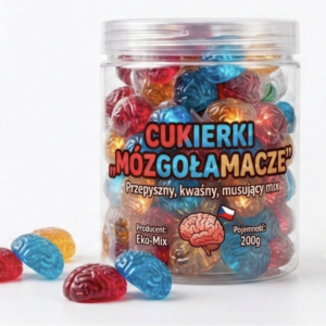 Przezroczysty słój wypełniony kolorowymi, błyszczącymi cukierkami w owalnym kształcie przypominającym ludzki mózg (kolory czerwony, niebieski, żółty). Na przodzie etykieta z napisem: „CUKIERKI „MÓZGOŁAMACZE””, pod spodem: „Przepyszny, kwaśny, musujący mix”, pojemność: 200 g, producent: Eko-Mix