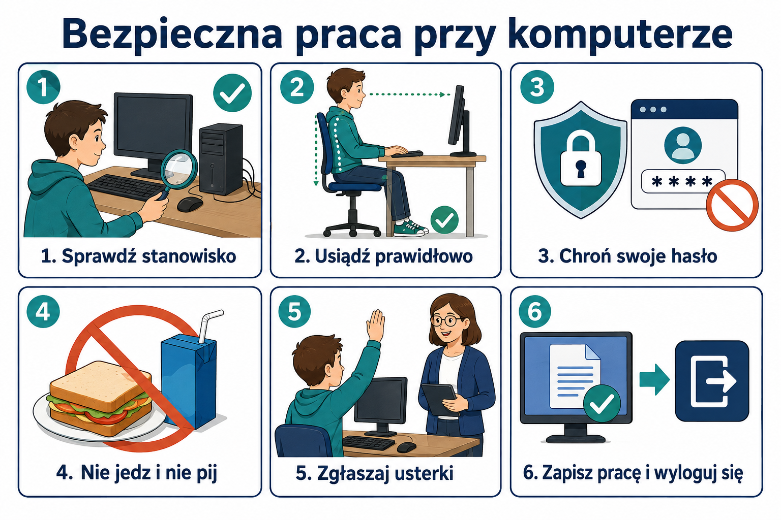 Sześć zasad bezpiecznej pracy przy komputerze: sprawdź stanowisko, usiądź prawidłowo, chroń hasło, nie jedz i nie pij, zgłaszaj usterki, zapisz pracę i wyloguj się.