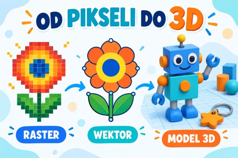 Od pikseli do 3D: pikselowy kwiat, gładki kwiat wektorowy i robot z brył.