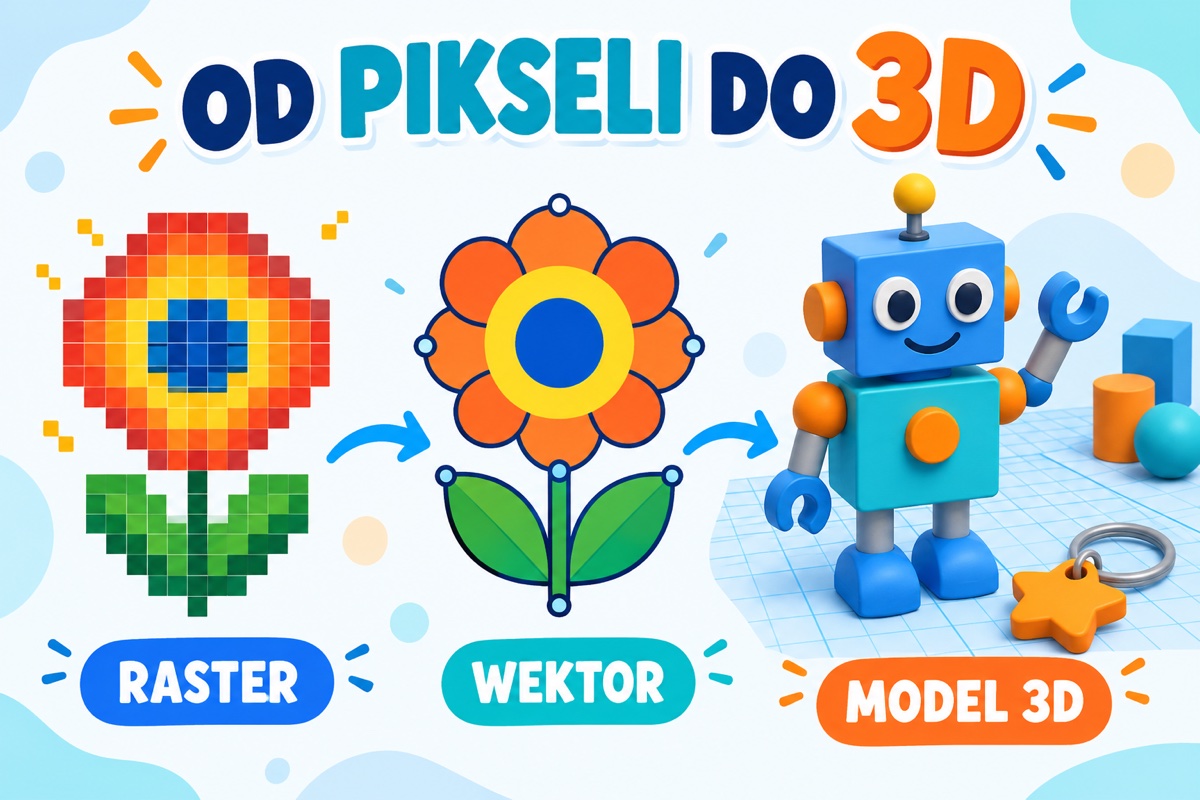 Od pikseli do 3D: pikselowy kwiat, gładki kwiat wektorowy i robot z brył.