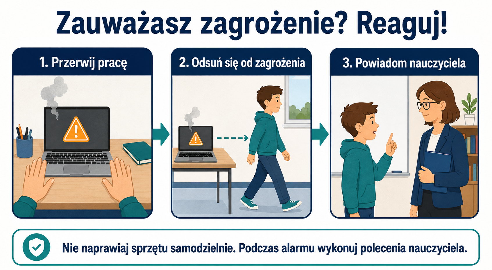 Reagowanie na zagrożenie: przerwij pracę, odsuń się od zagrożenia i powiadom nauczyciela. Nie naprawiaj sprzętu samodzielnie. Podczas alarmu wykonuj polecenia nauczyciela.